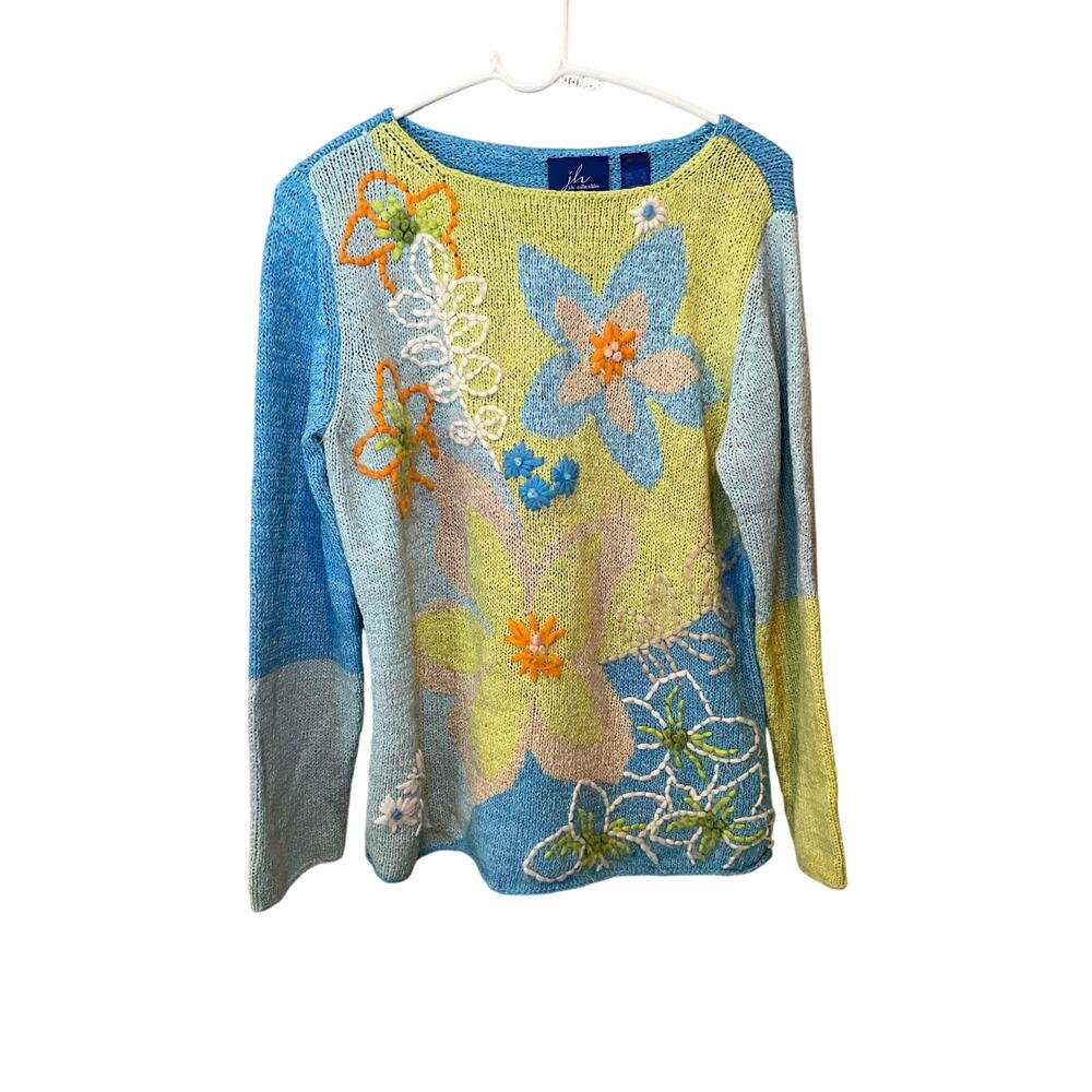 Jh Collectibles Cotton Floral Sweater Knit Long Sleeve Pullover Blue Sz XL NEW